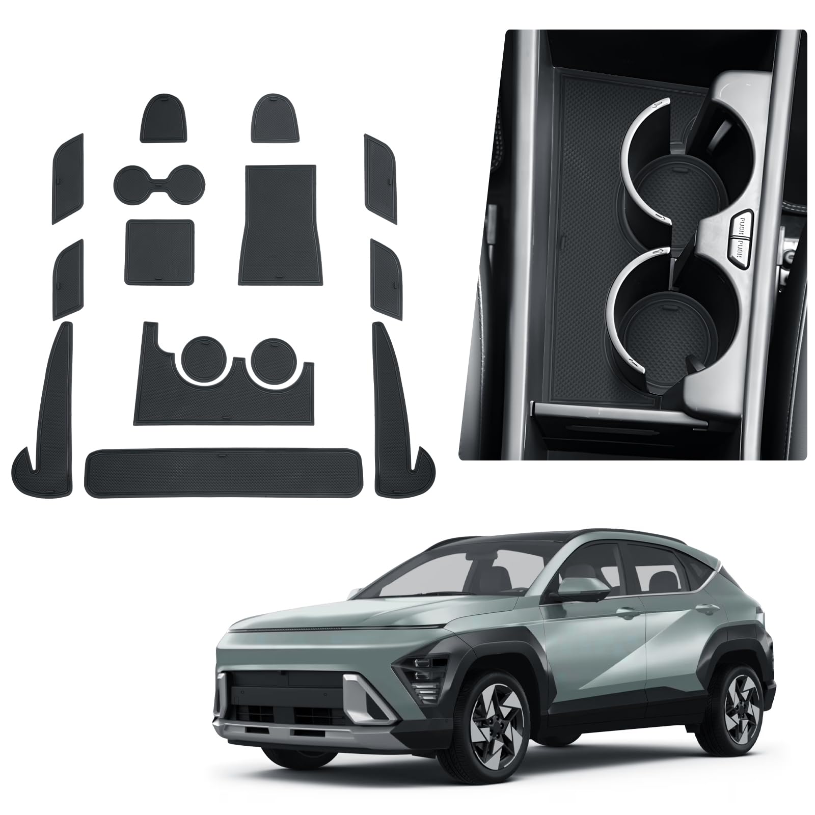 BIBIBO Antirutschmatten kompatibel mit Hyundai Kona SX2 EV Elektro 2024 2025, rutschfeste Gummimatten, Antirutsch Türschlitzmatten, Schutzmatten für Türfächer & Mittelkonsole (Schwarz (EV Elektro)) von BIBIBO