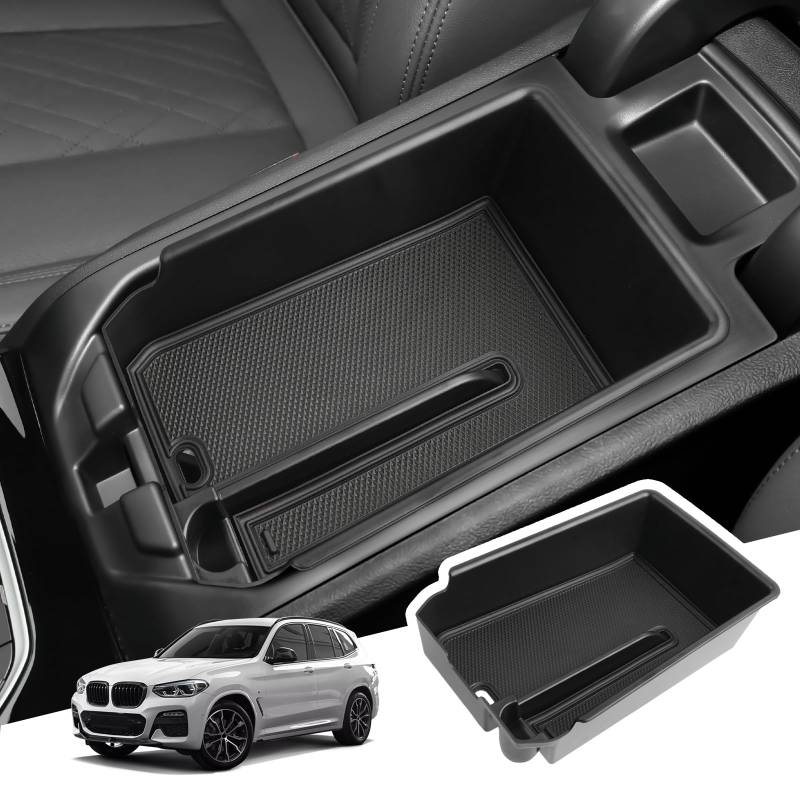 BIBIBO Aufbewahrungsbox für BMW X3 G01 / BMW X4 G02 / BMW iX3, Mittelkonsole Organizer mit Rutschfestermatte, Armlehnen Aufbewahrungsbox, Handschuhfach, BMW X3 G01 Zubehör (Schwarz) von BIBIBO