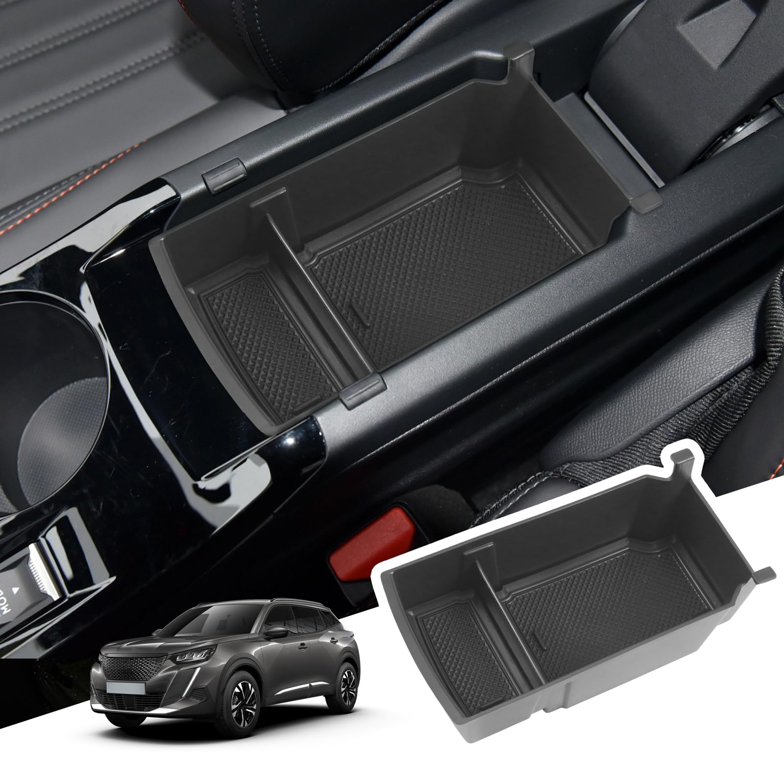 BIBIBO Aufbewahrungsbox für Peugeot 208 e-208 / Peugeot 2008 e-2008 2020-2022, Mittelkonsole Organizer, Mittelarmlehne, Armlehnen Aufbewahrungsbox, Ablage in der Mittelkonsole, Konsole Organizer von BIBIBO