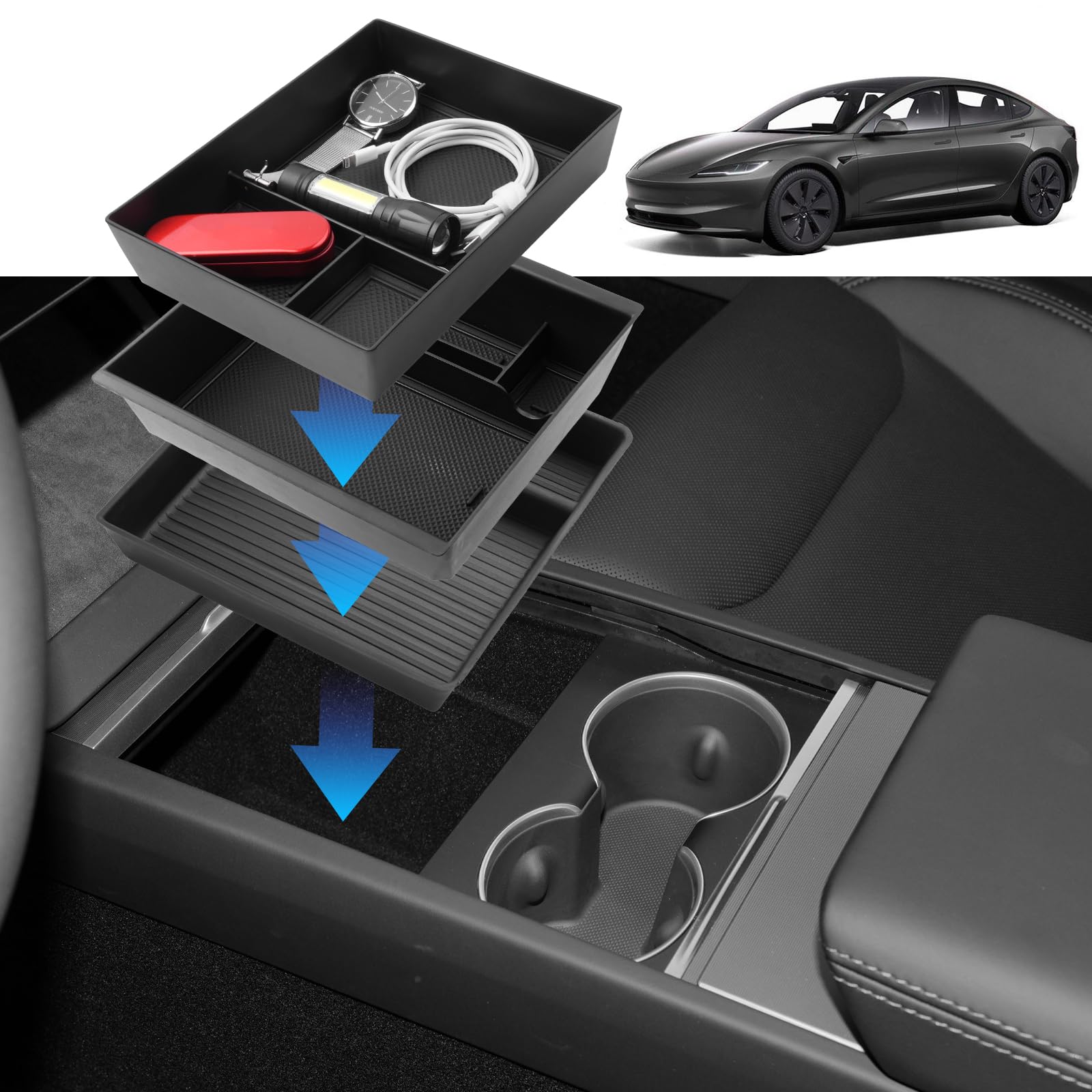 BIBIBO Aufbewahrungsbox für Tesla Model 3 Highland 2024, Mittelkonsole Organizer mit Rutschfestermatte, Armlehnen Aufbewahrungsbox, Ablage, Tesla Model 3 Zubehör 2024 (Mittelkonsolen (3 PCS)) von BIBIBO