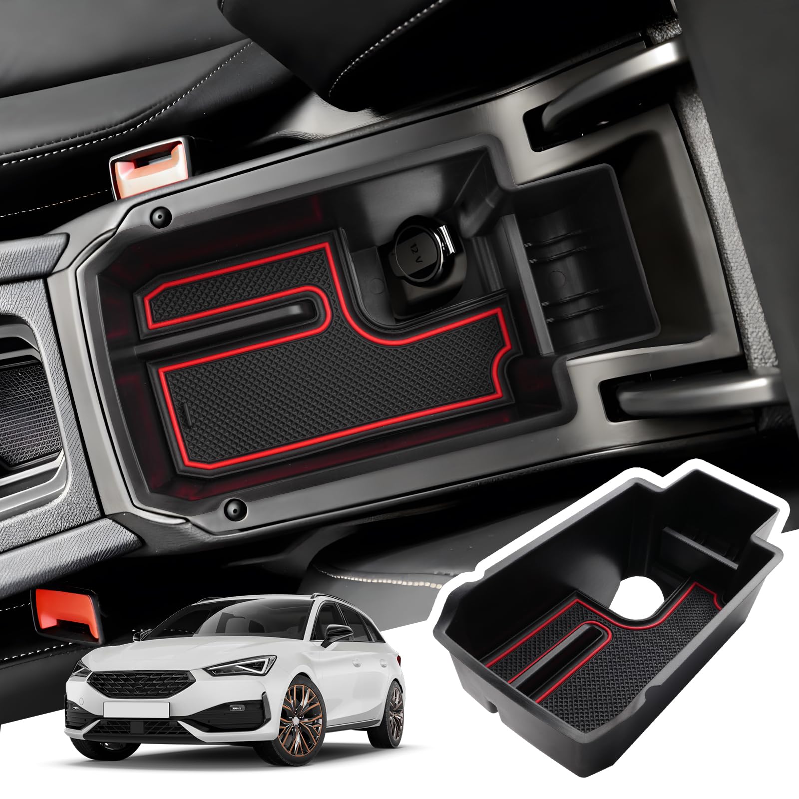 BIBIBO Mittelkonsole Aufbewahrungsbox für 2020-2024 Seat Leon MK4 / Cupra Leon/Cupra Formentor, Organizer mit Rutschfestermatte, Mittelarmlehne, Ablagefach, Auto Armlehnenablage Zubehör (Rot) von BIBIBO