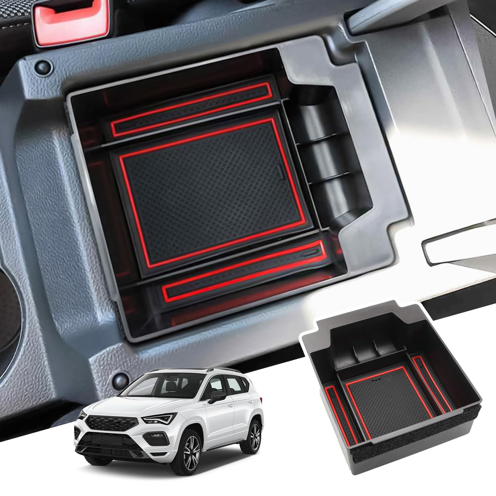 BIBIBO Mittelkonsole Aufbewahrungsbox für Seat Ateca 2017-2023, Organizer mit Rutschfestermatte, Handschuhfach, Mittelarmlehne, Konsolenschalen Armlehnen, Auto Armlehnenablage von BIBIBO