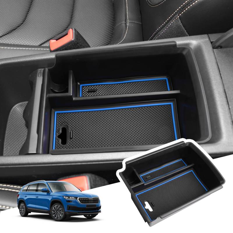 BIBIBO Mittelkonsole Aufbewahrungsbox für Skoda Kodiaq, Skoda Karoq 2017-2023, Organizer mit Rutschfestermatte, Mittelarmlehne, Konsolenschalen Armlehnen, Auto Armlehnenablage Zubehör (Blau) von BIBIBO