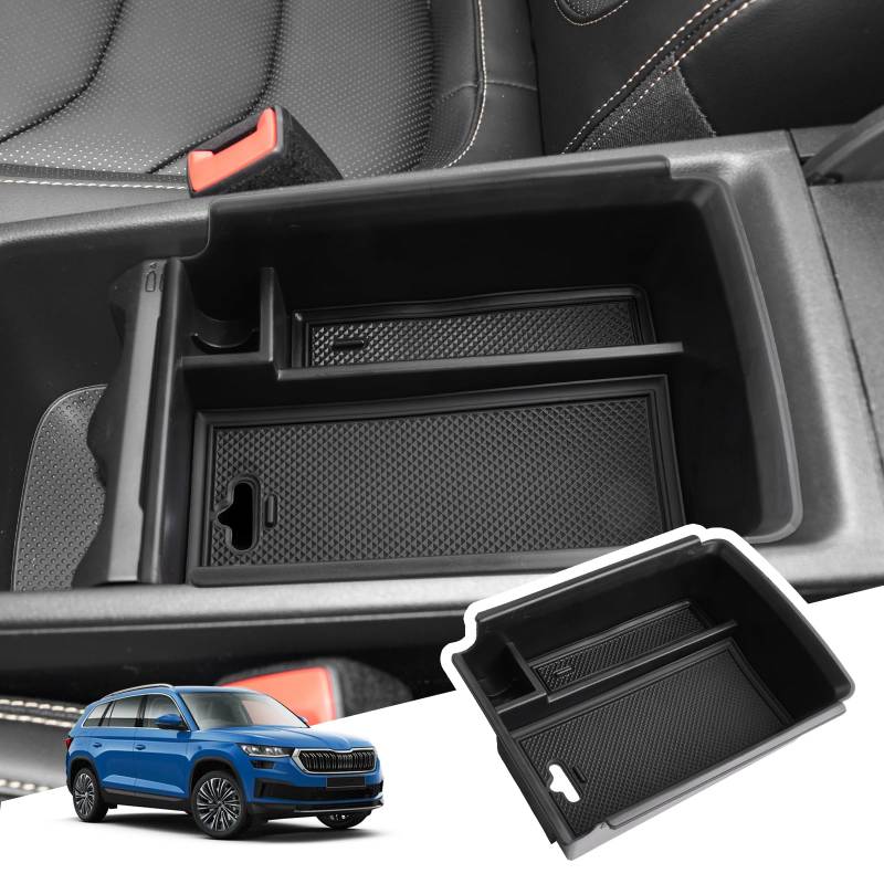 BIBIBO Mittelkonsole Aufbewahrungsbox für Skoda Kodiaq 2017-2023 / Karoq 2017-2024, Organizer mit Rutschfestermatte, Mittelarmlehne, Auto Armlehnenablage Zubehör (Schwarz) von BIBIBO