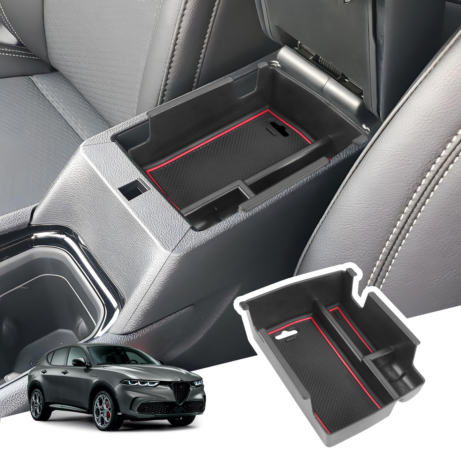 BIBIBO Mittelkonsole Organizer Kompatibel mit Alfa Romeo Tonale Hybrid/Plug-in-Hybrid 2022-2024, Aufbewahrungsbox, Konsole Organizer für die Armlehne, Auto Armlehnenablage Zubehör (Rot) von BIBIBO