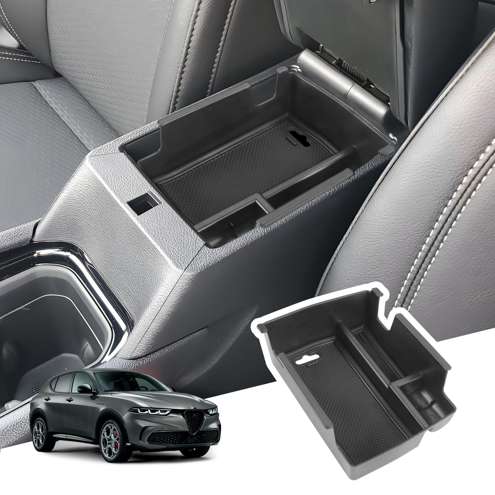 BIBIBO Mittelkonsole Organizer Kompatibel mit Alfa Romeo Tonale Hybrid/Plug-in-Hybrid 2022-2024, Aufbewahrungsbox, Konsole Organizer für die Armlehne, Auto Armlehnenablage Zubehör (Schwarz) von BIBIBO