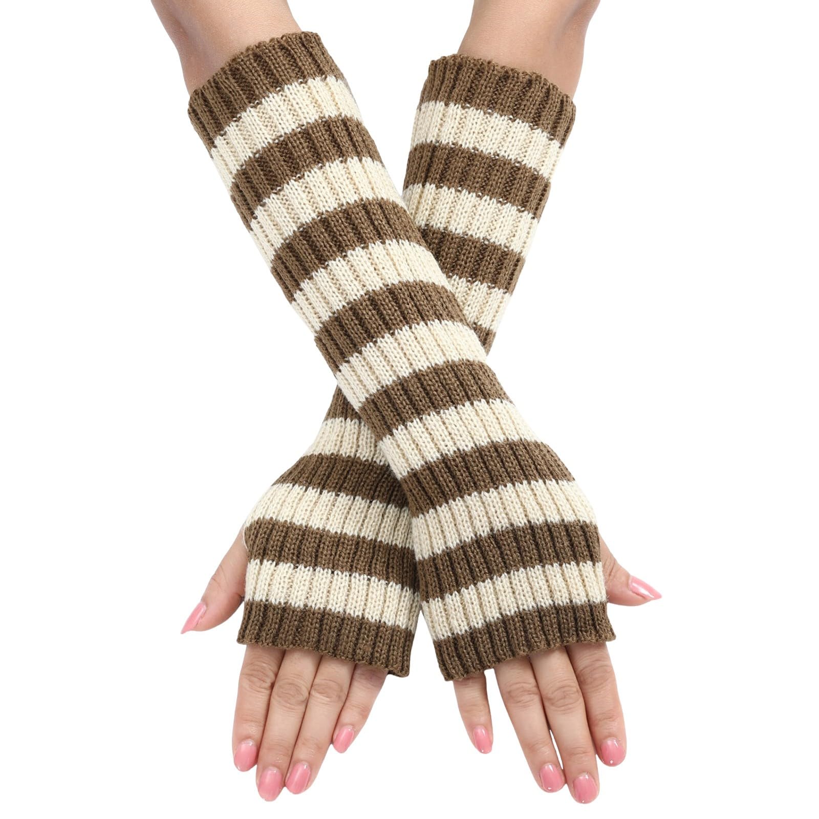 BIBOKAOKE Fingerlose Handschuhe Damen Y2k Gestreift Strickhandschuhe Armwärmer für Frauen Lange Streifen Winterhandschuhe Daumenloch Dehnbare Handschuhe Armstulpen Winter Fäustlinge Halbfinger Gloves von BIBOKAOKE