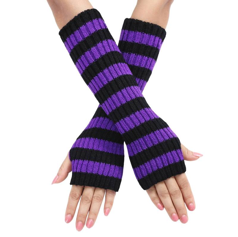 BIBOKAOKE Fingerlose Handschuhe Damen Y2k Gestreift Strickhandschuhe Armwärmer für Frauen Lange Streifen Winterhandschuhe Daumenloch Dehnbare Handschuhe Armstulpen Winter Fäustlinge Halbfinger Gloves von BIBOKAOKE