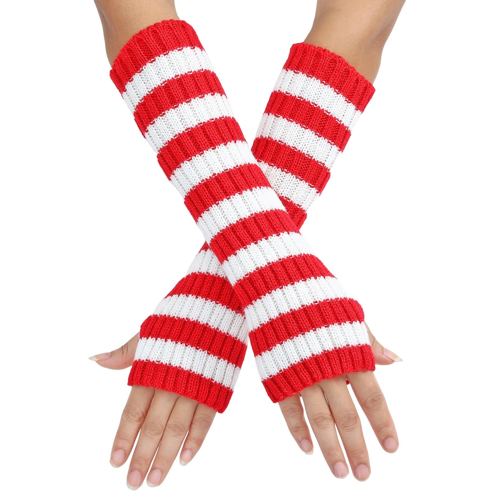 BIBOKAOKE Fingerlose Handschuhe Damen Y2k Gestreift Strickhandschuhe Armwärmer für Frauen Lange Streifen Winterhandschuhe Daumenloch Dehnbare Handschuhe Armstulpen Winter Fäustlinge Halbfinger Gloves von BIBOKAOKE