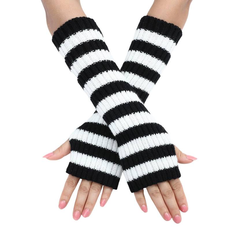 BIBOKAOKE Fingerlose Handschuhe Damen Y2k Gestreift Strickhandschuhe Armwärmer für Frauen Lange Streifen Winterhandschuhe Daumenloch Dehnbare Handschuhe Armstulpen Winter Fäustlinge Halbfinger Gloves von BIBOKAOKE