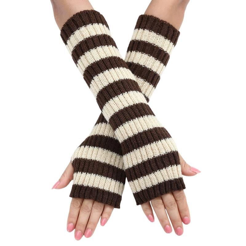 BIBOKAOKE Fingerlose Handschuhe Damen Y2k Gestreift Strickhandschuhe Armwärmer für Frauen Lange Streifen Winterhandschuhe Daumenloch Dehnbare Handschuhe Armstulpen Winter Fäustlinge Halbfinger Gloves von BIBOKAOKE