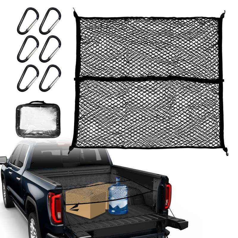 Gepäcknetz 120x120cm Hochelastisches Kofferraumnetz Erstreckt Sich auf 210 x210cm Auto Netz mit 4 Robuste Haken für Pickup-Truck, LKWs, Lastwagen, Doppellagig von BIHEE