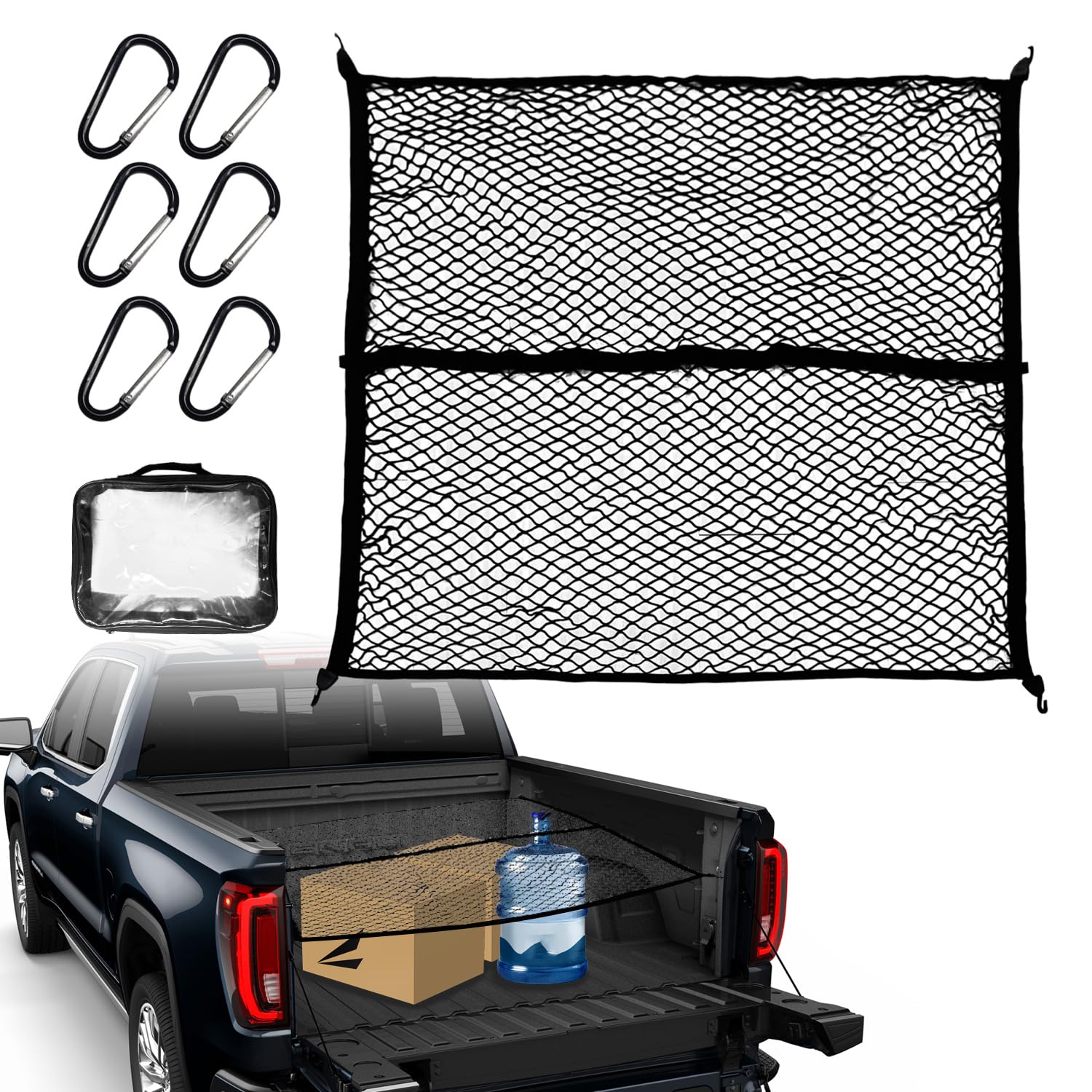 Gepäcknetz 120x120cm Hochelastisches Kofferraumnetz Erstreckt Sich auf 220 x220cm Auto Netz mit 4 Robuste Haken für Pickup-Truck, LKWs, Lastwagen, Einlagig von BIHEE