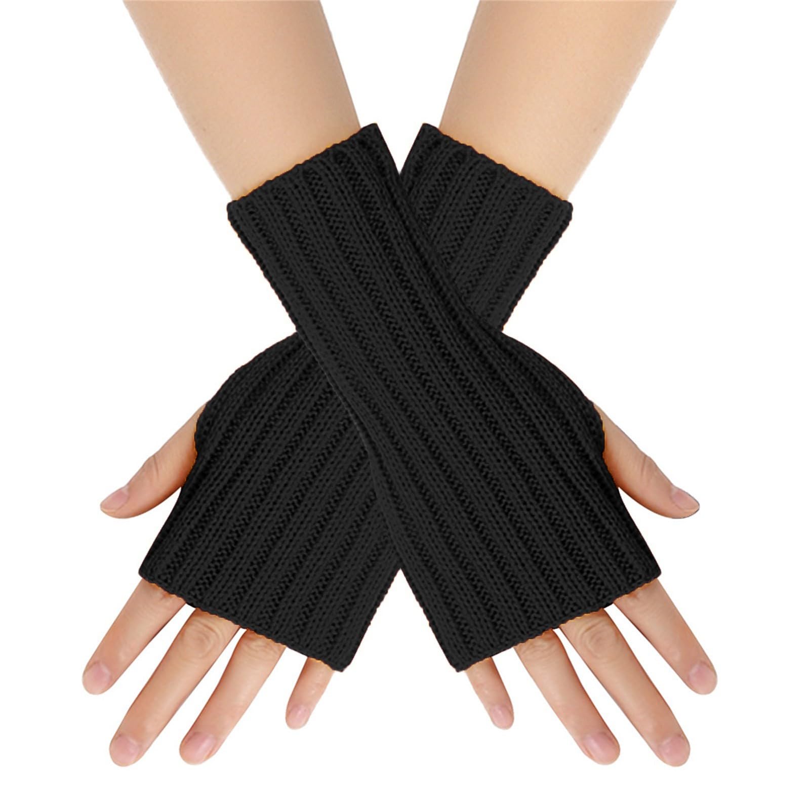 BIISDOST Damen-Handschuhe für kaltes Wetter, isoliert, einfarbig, mehrfarbig, Wolle, kurz, gestreift, gestrickt, Halbfinger-Handschuhe, Fäustling, fingerlose Arm-Handschuhe Schützenfest (Black, A) von BIISDOST