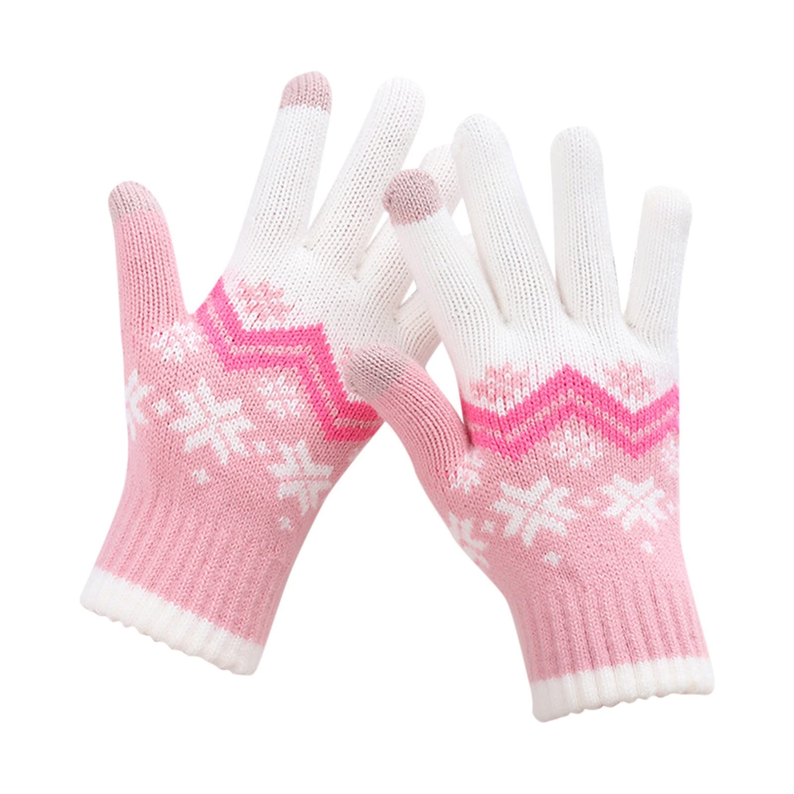 BIISDOST Frauen können Bildschirmhandschuhe aktivieren Warme Stretch-Strickhandschuhe Fäustlinge Winter Warm halten Stricken Weihnachten Schneeflocken Drucken Golves Studenten Weiße (Pink, One Size) von BIISDOST