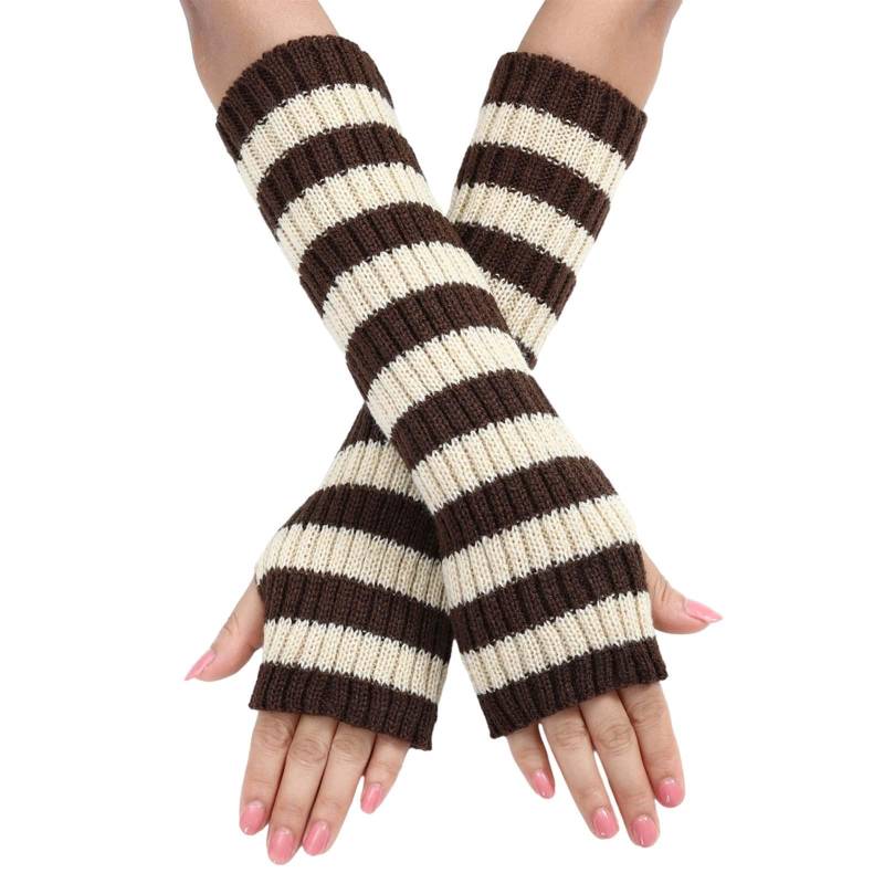 BIISDOST Warme und modische fingerlose Winterhandschuhe für Damen mit farbblockiertem Nadelstreifenstrick Federboa Rot (Coffee, One Size) von BIISDOST