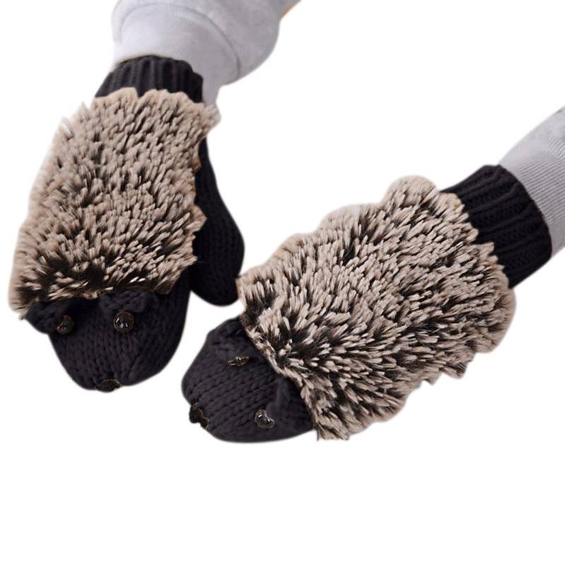 BIISDOST Winter-Baumwollwarme Handschuhe Dicke -Karikatur-Frauen-Igel-Strickhandschuhe Alpaka Handschuhe Damen (Black, One Size) von BIISDOST