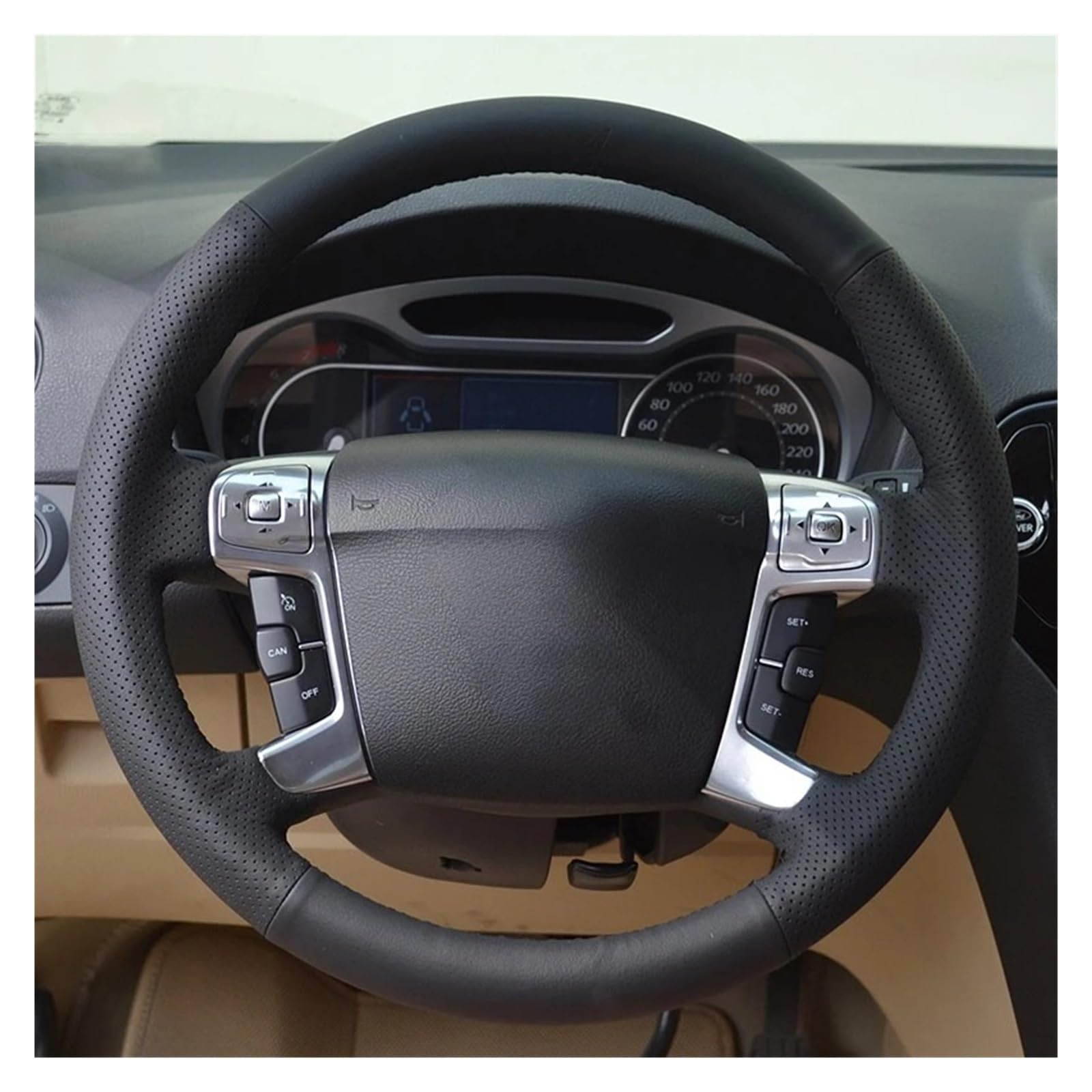 Auto Lenkradbezug Auto-Lenkradbezug, Schwarz, Handgenähtes Mikrofaser-Leder, Für Ford, Für Mondeo, Für Mk4 2007–2012, Für S-Max 2008, Auto-Innenausstattung Lenkradabdeckungen(White Thread) von BIISVM