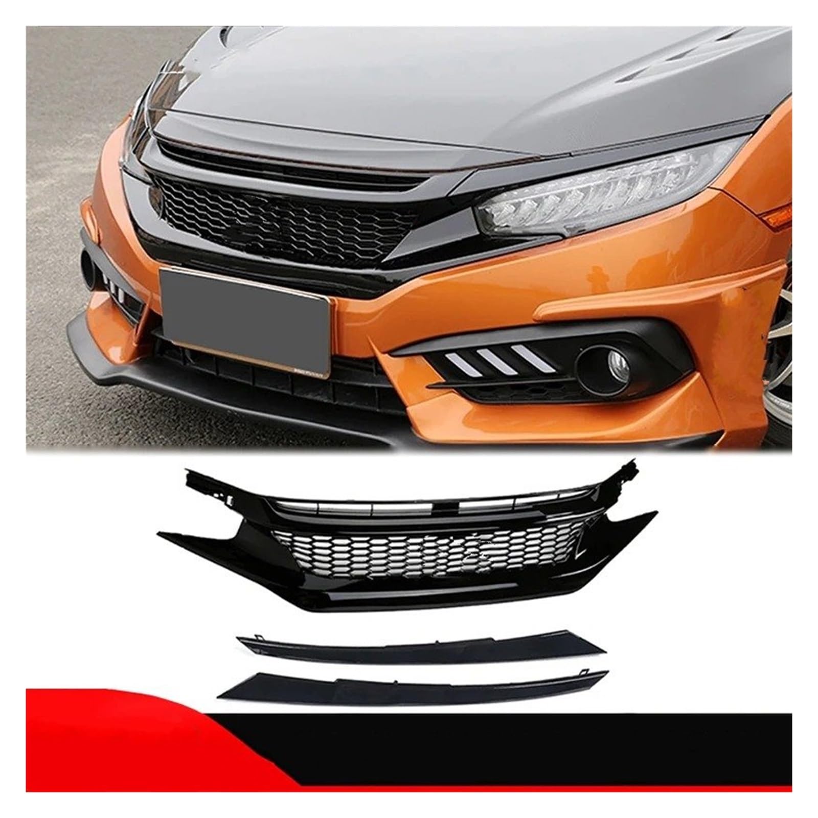 Kühlergrill Grill Fronthaubengrill Racing Stoßstangengrill Außenzubehör Für Civic 10. 2016 2017 2018 2019 2020 2021 Schwarzer Ansauggrill Grill Kühlergrill Vorne(2021 Red-A) von BIISVM