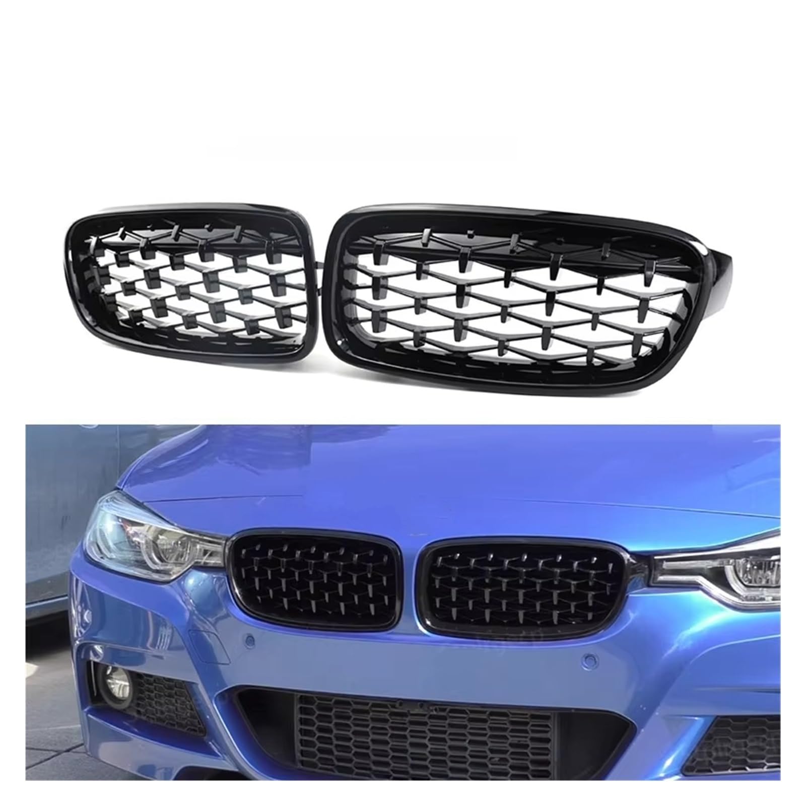 Sport Kühlergrill Doppellamellen-Racing-Sportgrill Für 3er F30 F31 F35 2011 2012 2013 2014 2015 2016 2017 2018 2019 Diamant-Frontstoßstangen-Nierengrill Auto Kühlergrill(All Black) von BIISVM