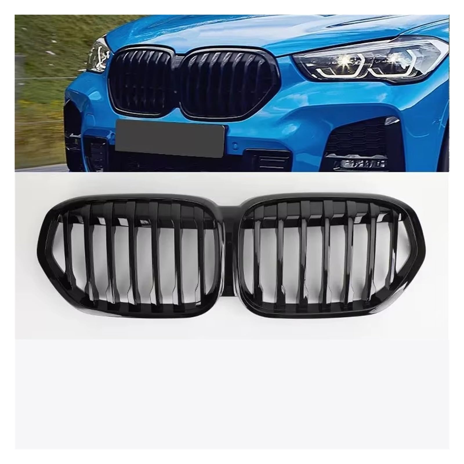 Sport Kühlergrill Für X1 F48 2020 2021 2022 SUV SDrive18i SDrive20i XDrive20i Auto Tuning Front Glanz Schwarz Nieren Diamant Grille Auto Kühlergrill(GB Single Slat) von BIISVM