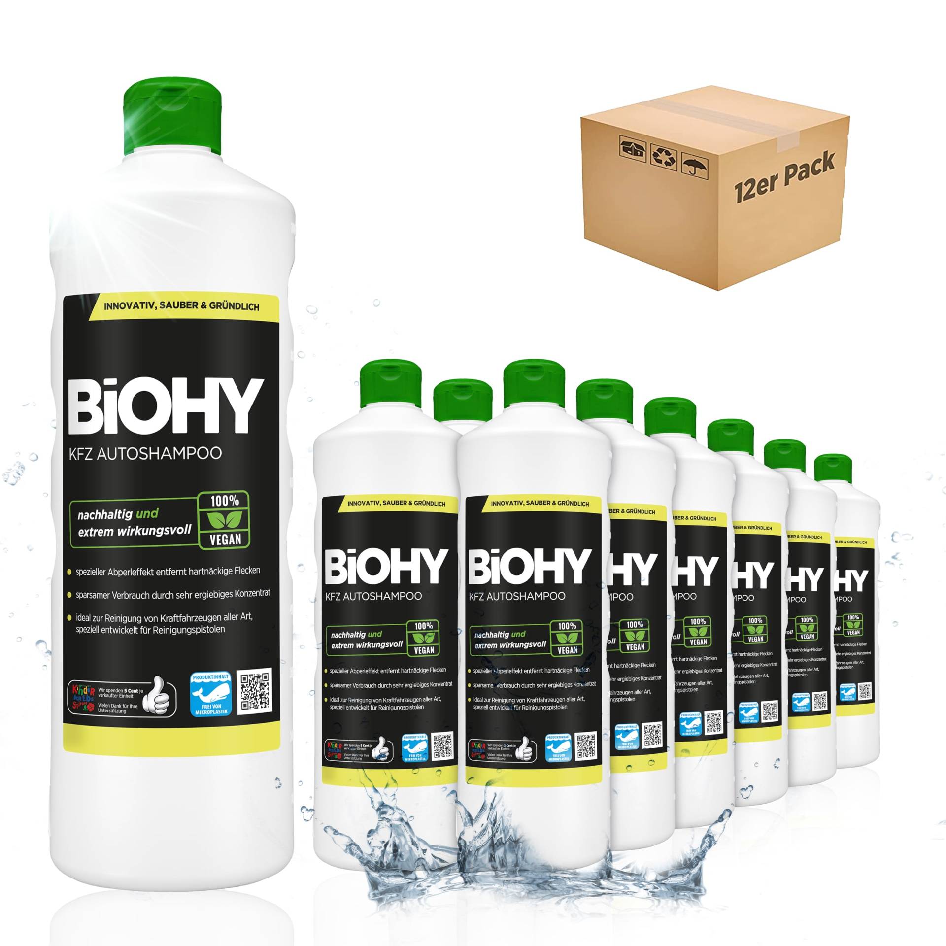 BIOHY KFZ Autoshampoo (12 x 1 Liter) | Bio Autoreiniger schützt Lack vor Schmutz von Außen | biologisch abbaubares Reinigungsmittel | für Hochdruckreiniger geeignet | kraftvolles Konzentrat von BIOHY