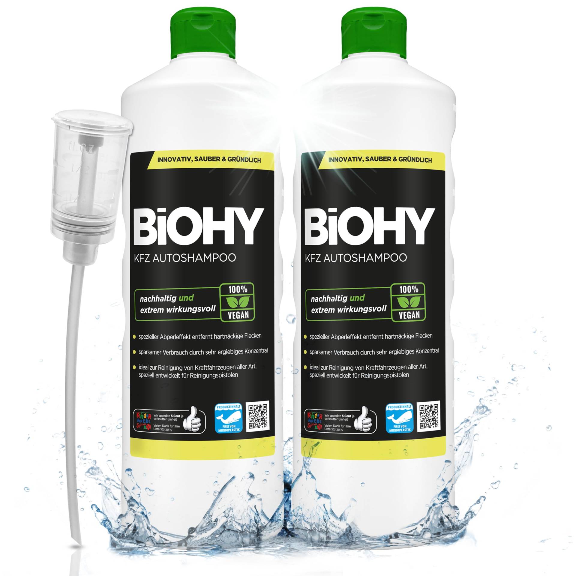 BIOHY KFZ Autoshampoo (2 x 1 Liter) + Dosierer | Bio Autoreiniger schützt Lack vor Schmutz von Außen | biologisch abbaubares Reinigungsmittel | für Hochdruckreiniger geeignet | kraftvolles Konzentrat von BIOHY