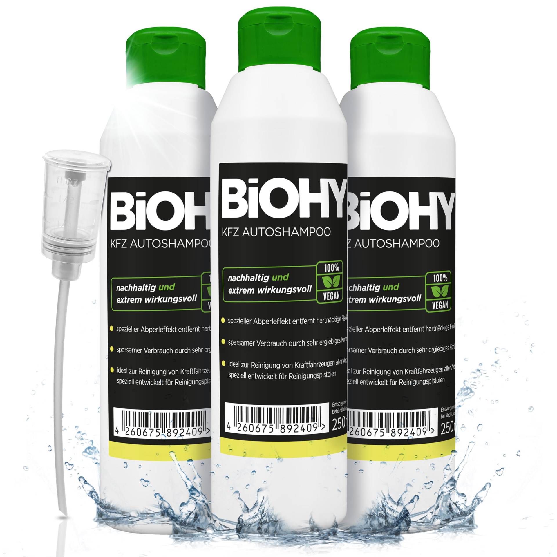 BIOHY KFZ Autoshampoo (3 x 250ml) + Dosierer | Bio Autoreiniger schützt Lack vor Schmutz von Außen | biologisch abbaubares Reinigungsmittel | für Hochdruckreiniger geeignet | kraftvolles Konzentrat von BIOHY