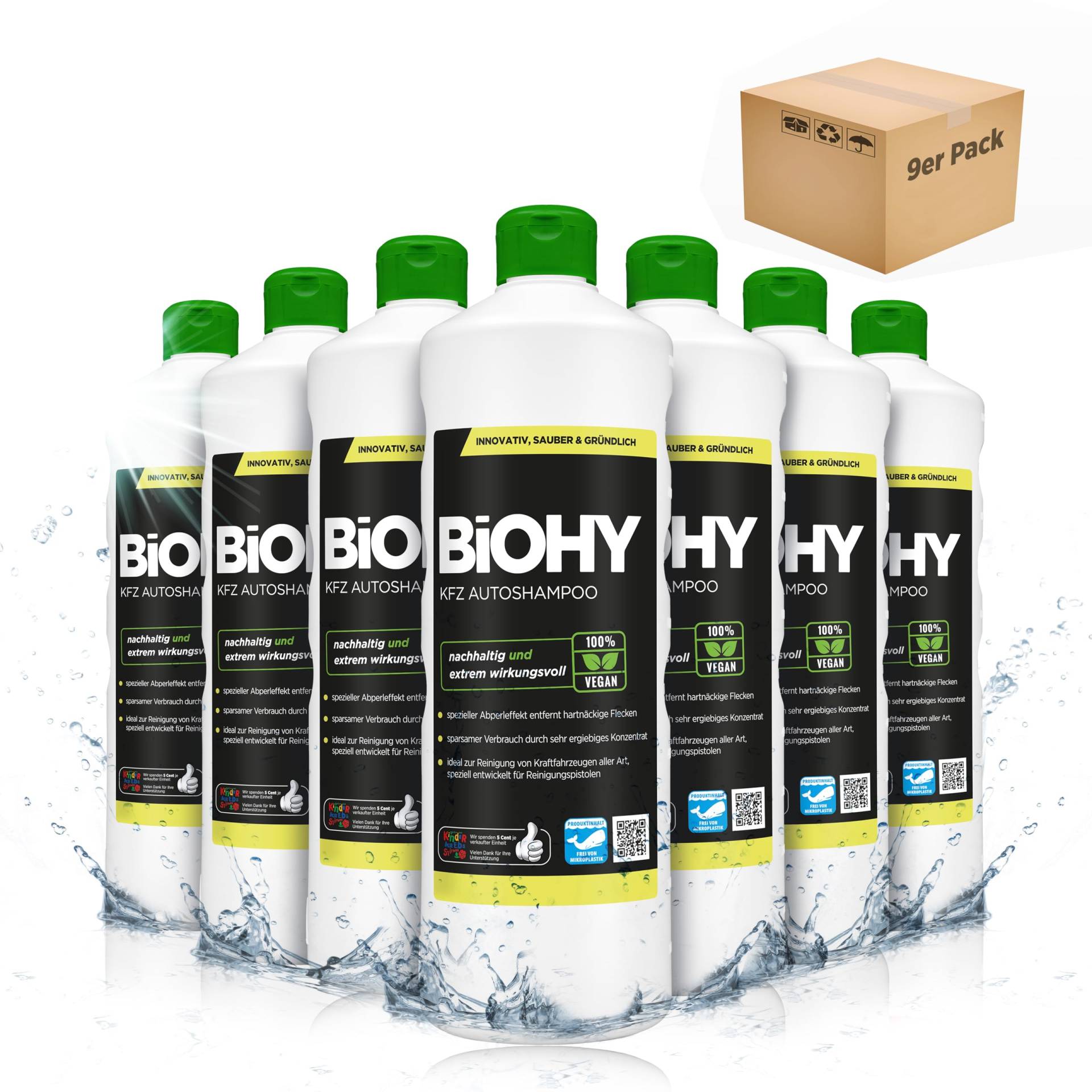 BIOHY KFZ Autoshampoo (9 x 1 Liter) | Bio Autoreiniger schützt Lack vor Schmutz von Außen | biologisch abbaubares Reinigungsmittel | für Hochdruckreiniger geeignet | kraftvolles Konzentrat von BIOHY