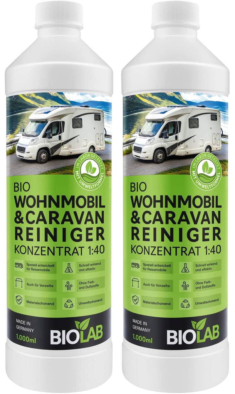 BIOLAB Bio Wohnmobil und Caravan Reiniger Konzentrat (2 x 1000 ml) zur Reinigung von Wohnwagen, Vorzelt, Markise - Regenstreifen Entferner von BIOLAB