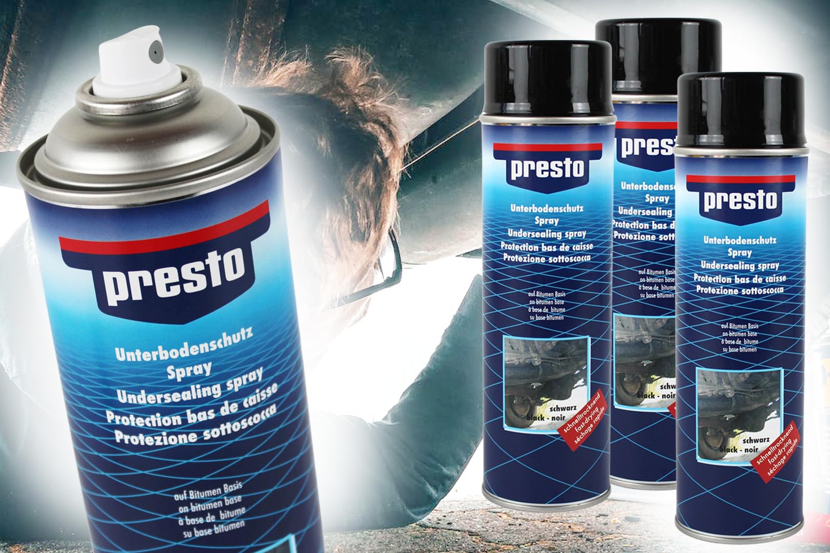 BISOMO 3X Unterbodenschutz Bitumen Spray 500ml, Presto Unterboden Versiegelung Steinschlagschutz Schwarz, für Karosserie, Werkstatt, Haus & Hobby von BISOMO