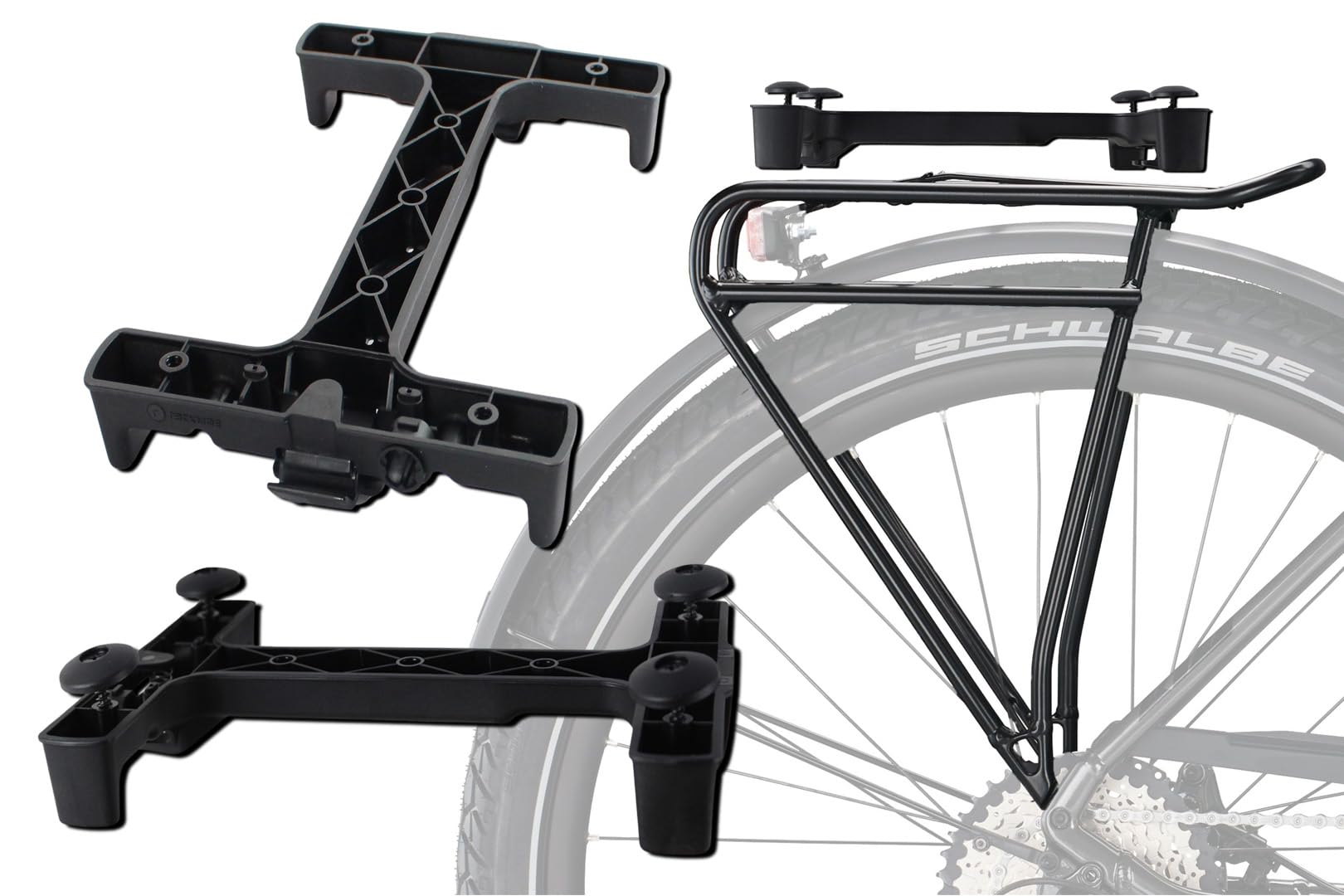 BISOMO Fahrrad Gepäckträger Adapter Snapit 2.0 für Racktime, Snap-It, Verschiedene Modelle für Fahrrad Korb, Tasche, Gepäckträgertasche (3. mit Fuß ohne Schloss) von BISOMO