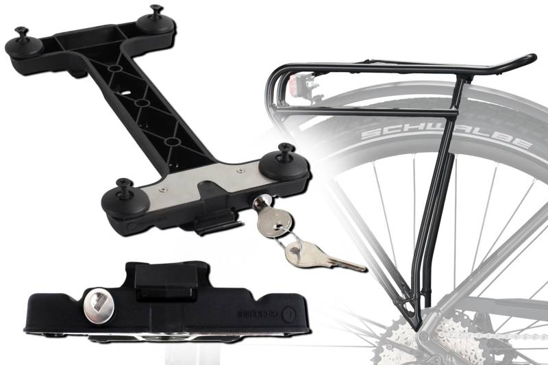 BISOMO Fahrrad Gepäckträger Adapter Snapit 2.0 für Racktime, Snap-It, Verschiedene Modelle für Fahrrad Korb, Tasche, Gepäckträgertasche (2. ohne Fuß mit Schloss) von BISOMO