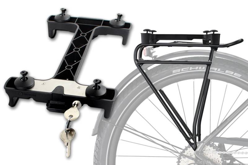 BISOMO Fahrrad Gepäckträger Adapter Snapit 2.0 für Racktime, Snap-It, Verschiedene Modelle für Fahrrad Korb, Tasche, Gepäckträgertasche (4. mit Fuß mit Schloss) von BISOMO