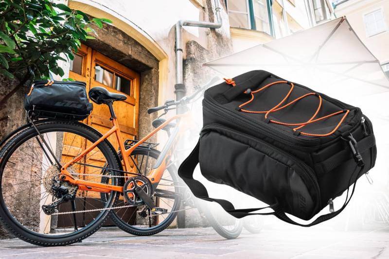 BISOMO Fahrrad Gepäckträger Tasche 32L Racktime Snapit 2.0 KTM Sport Trunk Bag Seitentaschen aufklappbar Schultergurt Regenschutz Flaschenfach 3 Innenfächer von BISOMO