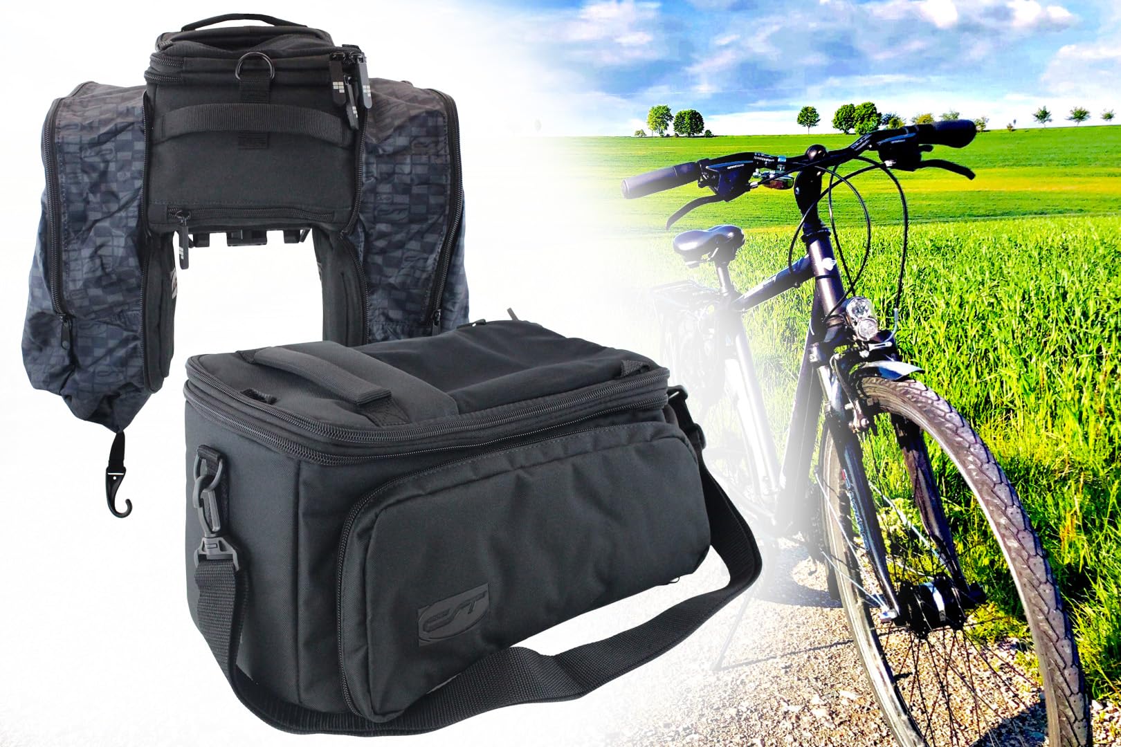 BISOMO Fahrrad Gepäckträgertasche 32L Via Back mit MIK Adapter 35 x 20 x 27cm, ausklappbare Seitentaschen, Fahrradtasche, Schultergurt, Regenhaube von BISOMO