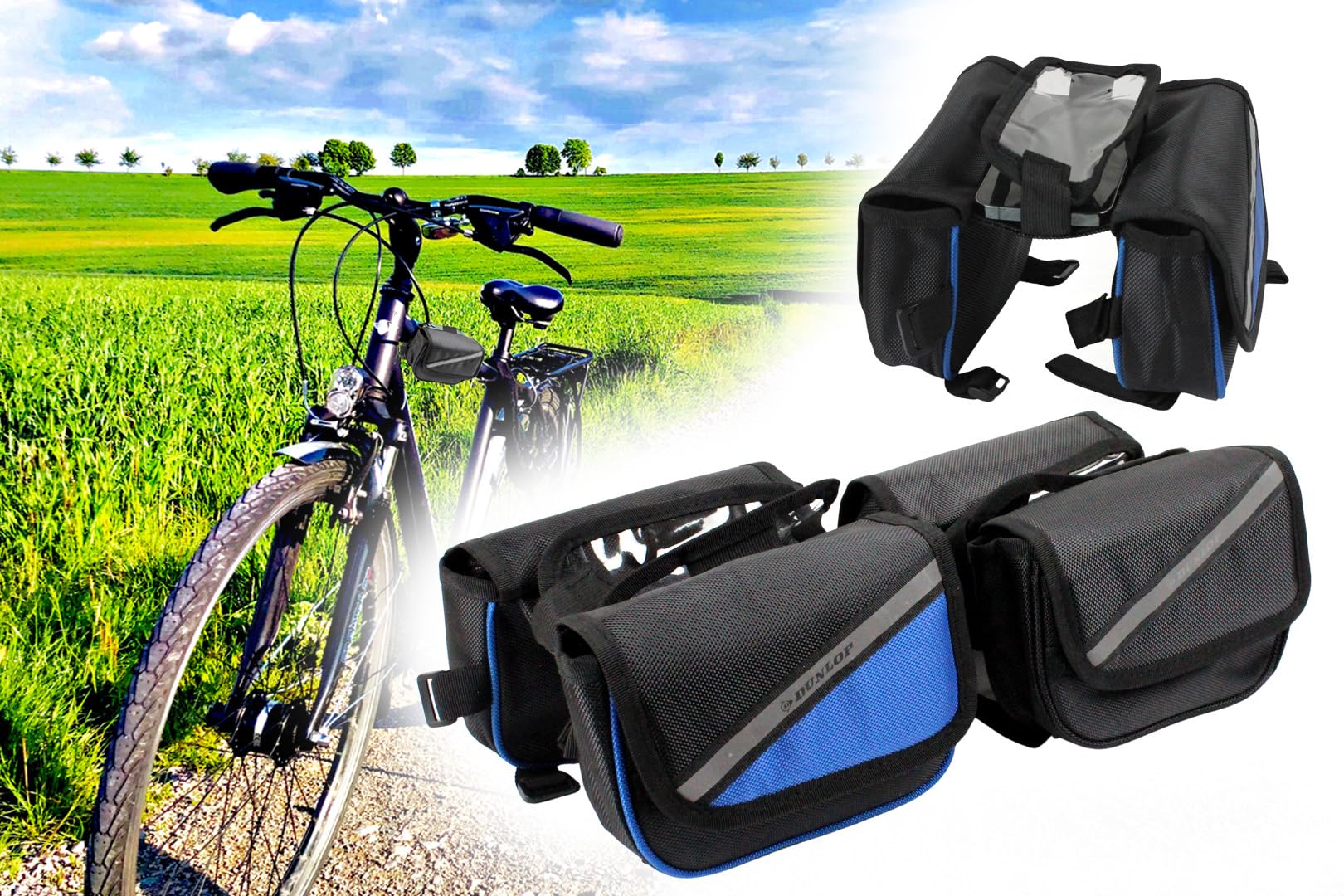 BISOMO Fahrrad Rahmentasche, Doppeltasche für Querstrebe, Separate Handytasche, Reflexstreifen, einfache Montage (Schwarz) von BISOMO