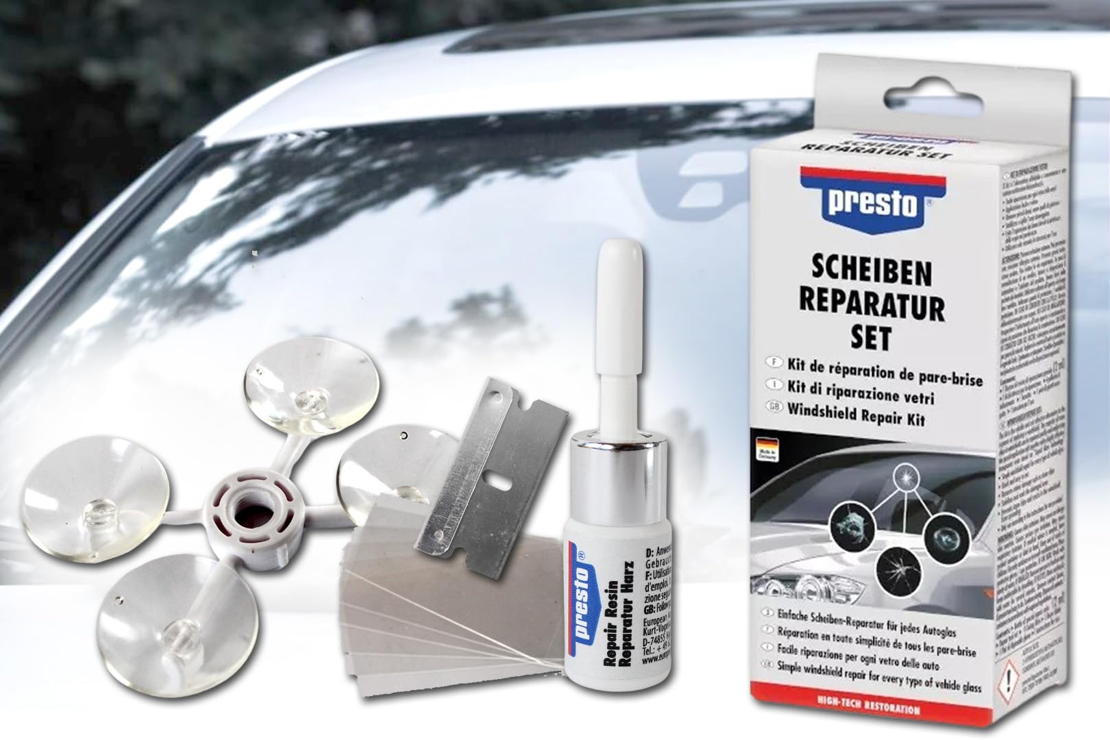 BISOMO Scheiben-Reparatur-Set Presto, Steinschläge reparieren, Windschutzscheiben Reparatur, Versiegelung Scheibe Auto PKW von BISOMO