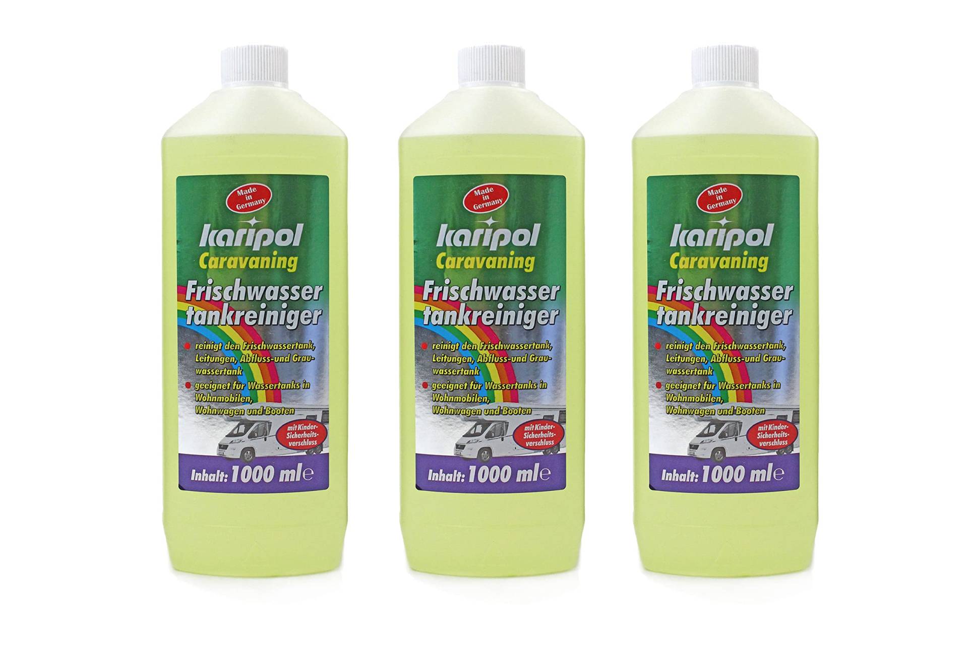 Karipol Caravaning Frischwassertankreiniger, 3 x 1000ml, Für Wohnmobile, Boote und Caravaning, Desinfiziert, Löst Kalkablagerungen, Biologisch Abbaubar von BISOMO