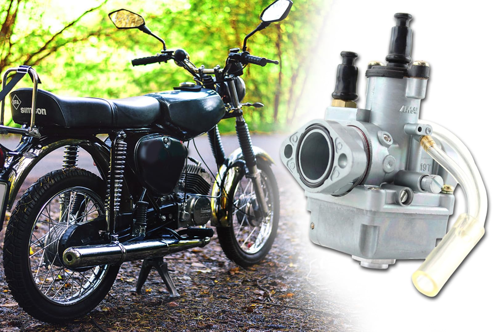 Rennvergaser AMAL Ø 19mm Tuning Vergaser für Simson S51, S70, SR50, SR80, Schwimmer muss nicht eingestellt werden, mit Produktheft von BISOMO