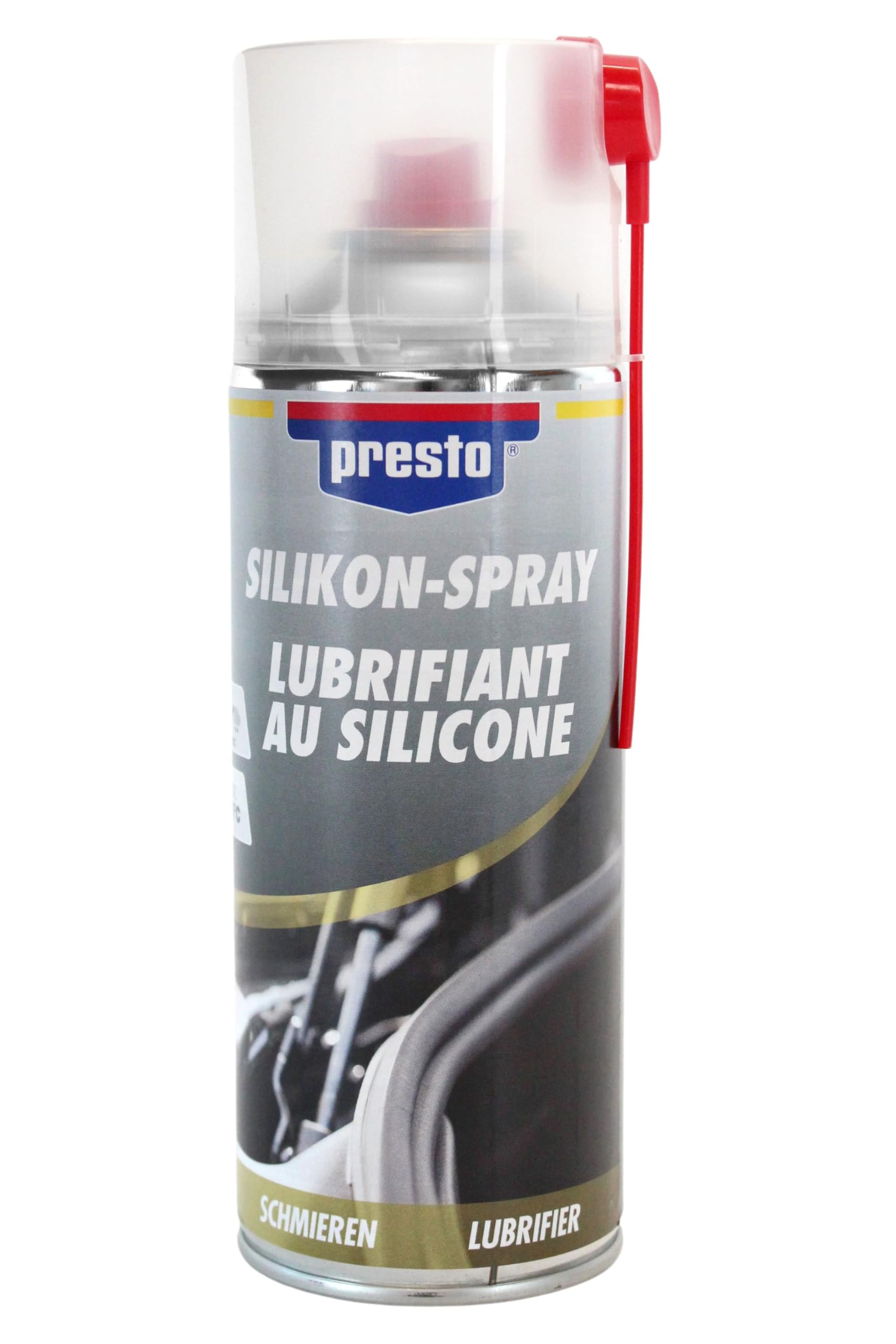 Silikon-Spray 400ml, Presto Silikon Gleitspray, Gummipflege, Kunststoffpflege, Trennmittel, Schmierstoff, KFZ Sitzschiene, Kopfstütze, Schiebedach, Türgummi, Ventile Heizungs- & Sanitärbereich von BISOMO