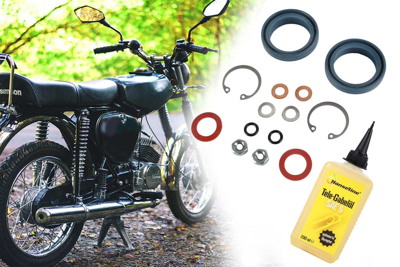 Telegabel Reparatursatz Wellendichtringe + Stoßdämpferöl 200ml Telegabelöl SAE 5 für Simson S50 S51 S53 S70 S83 SR50 SR80, Normteile Dichtungen von BISOMO