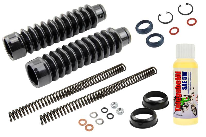 Telegabel Reparaturset 2x Druckfeder 3,2mm, 2x Faltenbalg, Öl, Abdeckkappe für Simson S50 S51 S70 S53 S83, 21-teilig von BISOMO