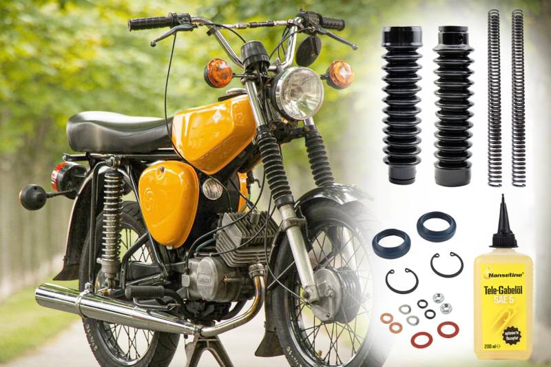 Telegabel Reparaturset 2x Druckfeder extra verstärkt 3,5mm 2x Faltenbalg Öl Simmerringe Normteile Simson S50 S51 S70 S53 S83, 19-teilig von BISOMO