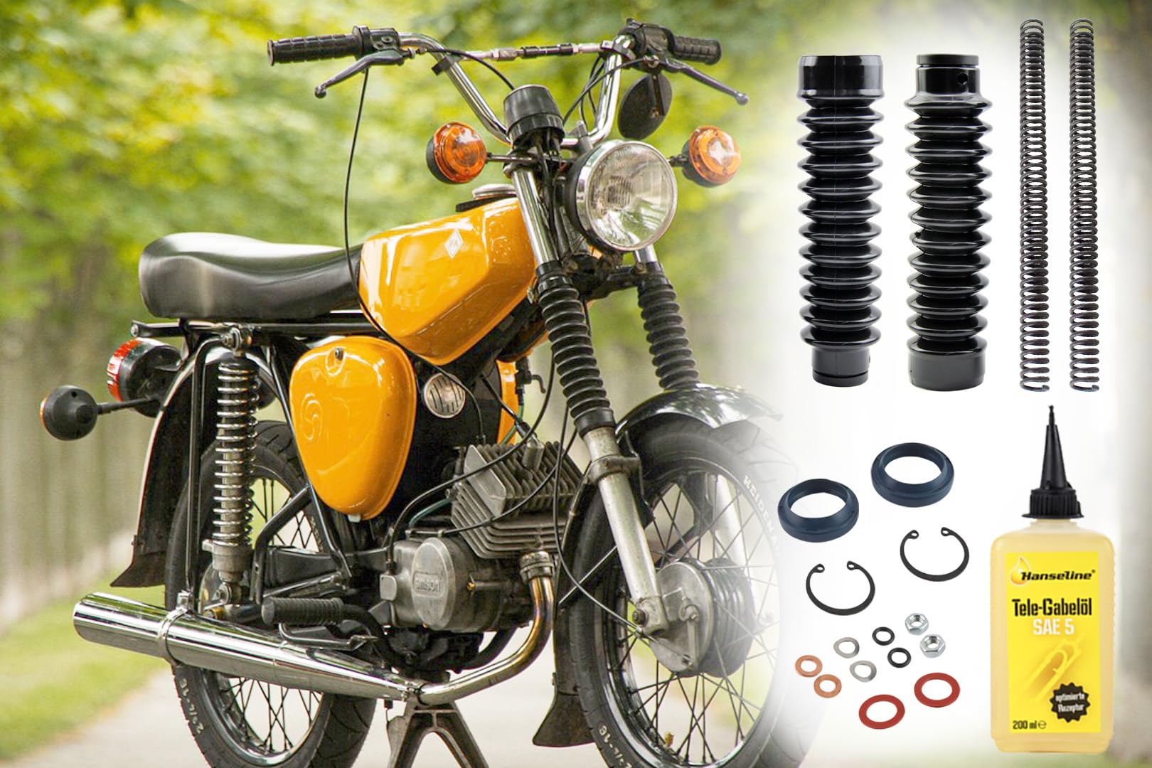 Telegabel Reparaturset 2x Druckfeder verstärkt 3,4mm, 2x Faltenbalg, Öl, Simmerringe, Normteile für Simson S50 S51 S70 S53 S83, 19-teilig von BISOMO