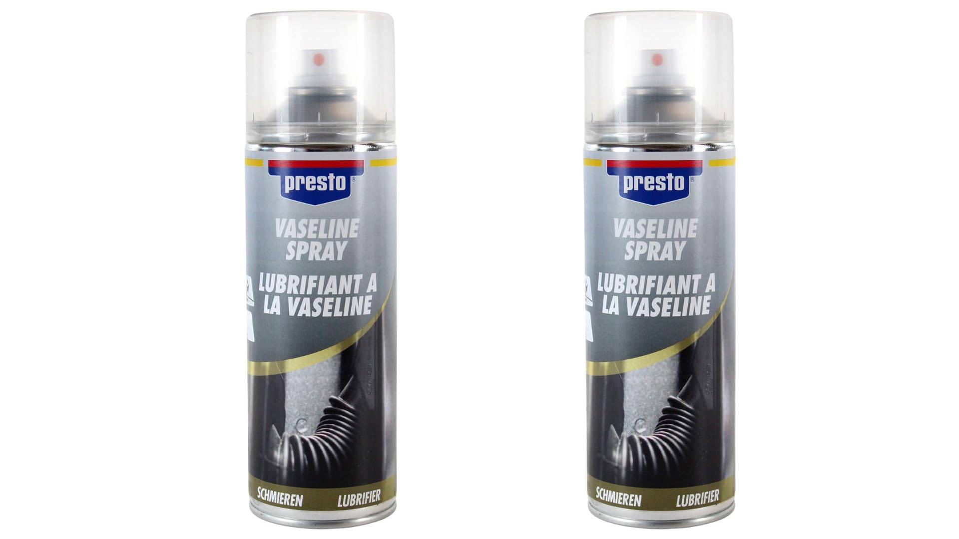 Vaseline Spray 2x 400ml Presto Sprühdose, Schmiermittel, Sprühfett, Schutzmittel für KFZ, Schlösser, Scharniere, Gelenke, Antennen - mindert Verschleiß und Korrosion von BISOMO