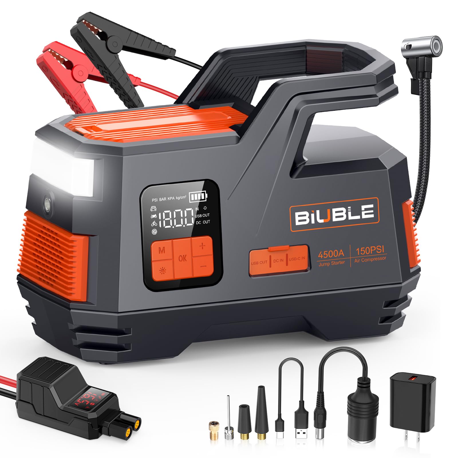 Auto Starthilfe mit Luftkompressor, BIUBLE Starthilfe Powerbank 4500A 26800mAh Tragbarer 150PSI Inflator für bis zu alle Gas oder 10.0L Diesel Motor 12V Portable Batterie Starter Power Pack von BIUBLE