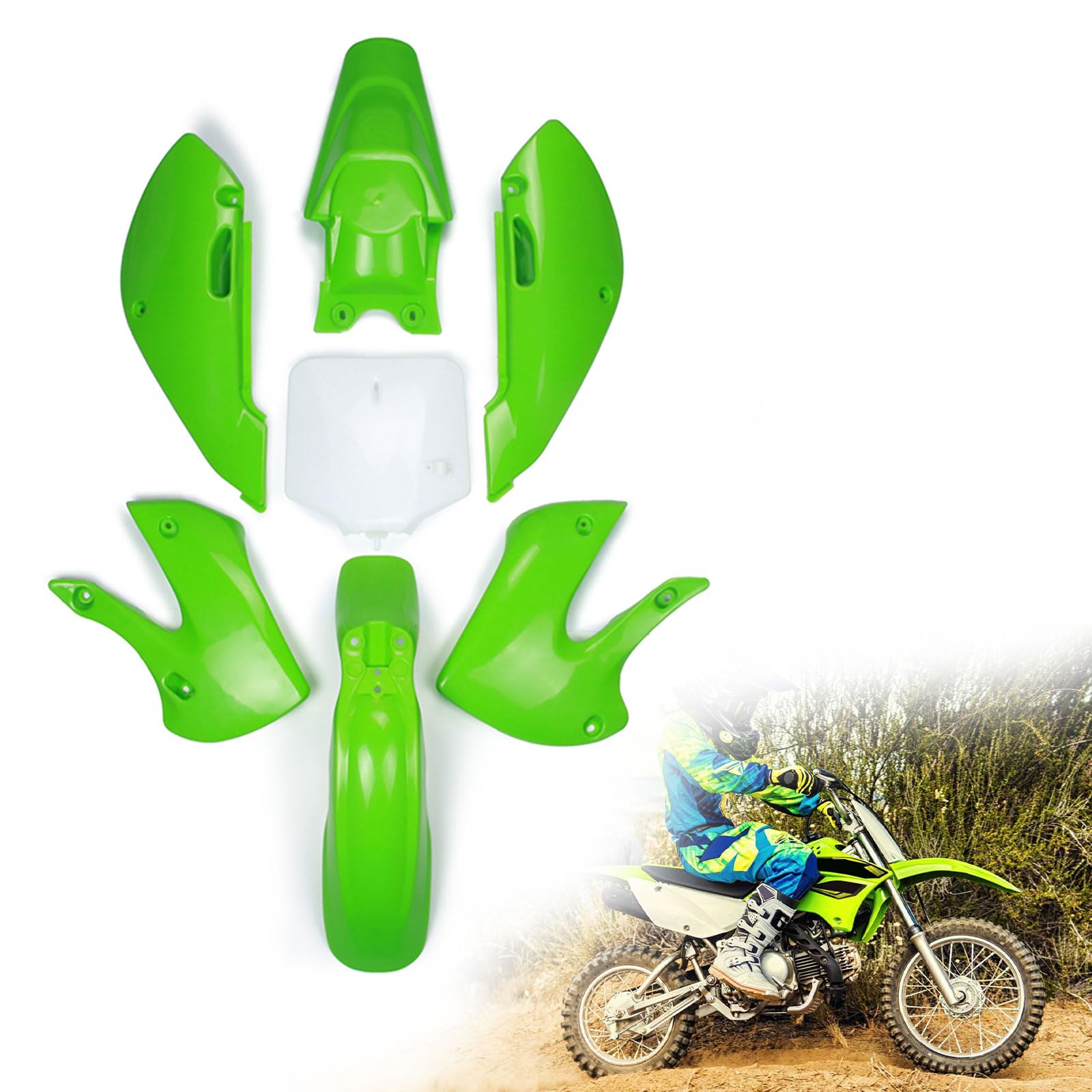 BIUGERCN Motorrad-ABS-Kunststoff-Kotflügel-Set, Karosserie, Verkleidungsset, vordere Kotflügel, hintere Kotflügel, Seitenabdeckungen, Nummernschild für KLX 110 KLX110 KX 65 KX65 DRZ110 DRZ 110 von BIUGERCN