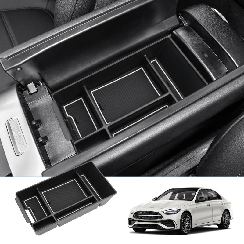 BIXUAN W206 2024 kompatibel mit Mercedes Benz C-Klasse W206 2021-2023 Mittelkonsole Aufbewahrungsbox Rutschfester Matte Ablagefach Zubehör Armlehne Organizer Tray Mittelarmlehne Handschuhfach (Weiß) von BIXUAN