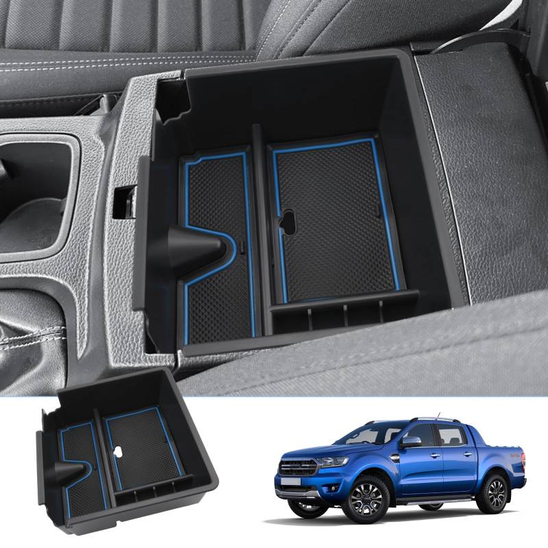 BIXUAN kompatibel mit Ford Ranger 2019 2020 2021 2022 Mittelkonsole Handschuhfach Armlehne Aufbewahrungsbox Auto Center Console Organizer Tray Ranger Mittelarmlehne Zubehör Blau von BIXUAN